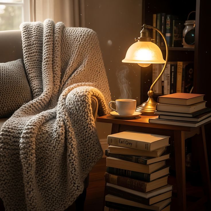 A quiet reading corner with a blanket, books and a low warm lamp